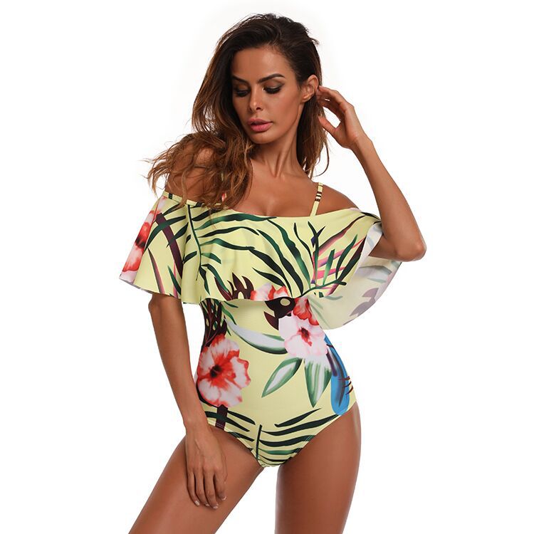 F4686 One Piece flounce Swimsuit leaf Printed Off Shoulder Padded Bathing Suit